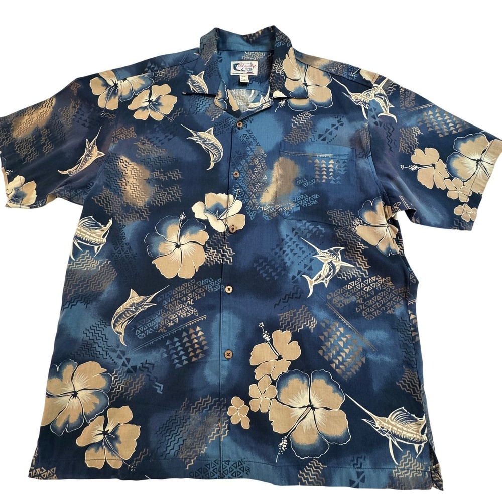 Bluewater Wear Hawaiian Shirt Blue Marlin Hibiscus USA Made Size L‎